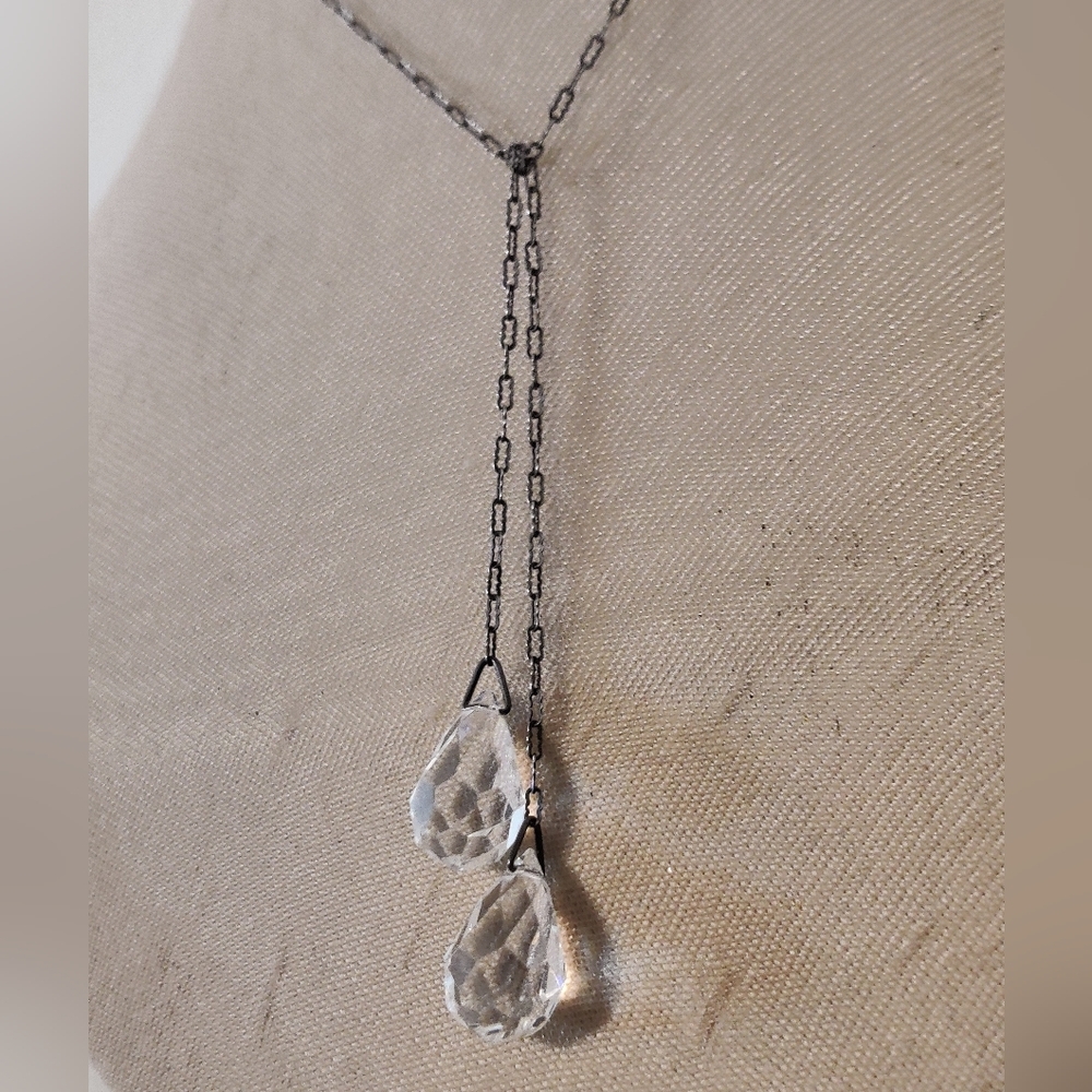 Antique Art Deco Lariat Necklace Sterling Silver and Cut Crystals